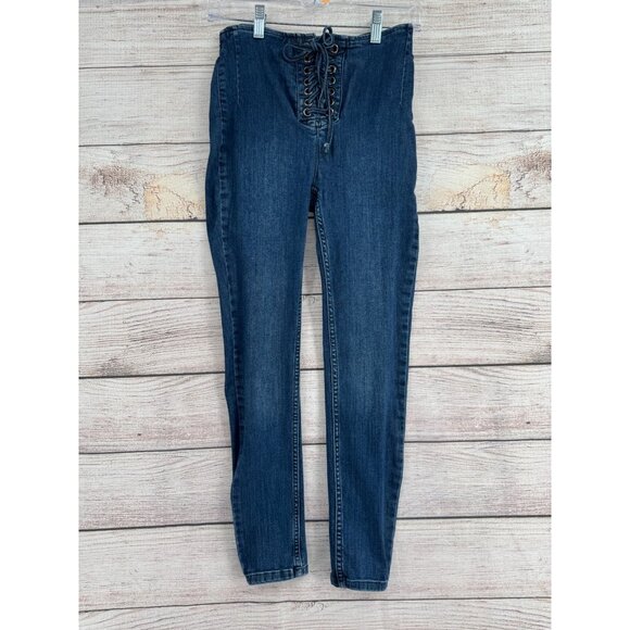 Free People High Waisted Lace Up Skinny Jeans Women's Size 26 Blue Dark‎ Wash - Picture 1 of 12
